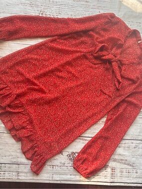 Free People Red Floral Tie-Neck Ruffle Blouse Tunic Size Small